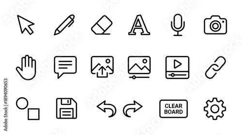 Vector Icon Set of Virtual Classroom Whiteboard Tools in Minimalist Line Art Style, Featuring Cursor, Pen, Eraser, Microphone, Camera, Chat, Video, and Save Icons for Online Education Software