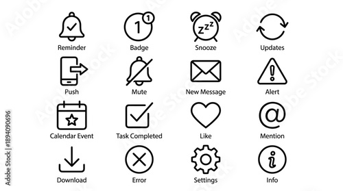 Set of 16 minimalist black outline icons for UI/UX notification systems including reminder, badge, snooze, updates, push, mute, message, alert, calendar, task, like, mention, download, and info.