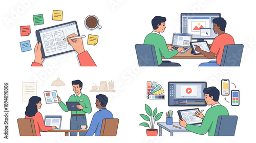 Professional UI/UX design process vector set featuring designers working on mobile app interfaces, wireframing on tablets, collaborating in meetings, and editing digital layouts at desks.
