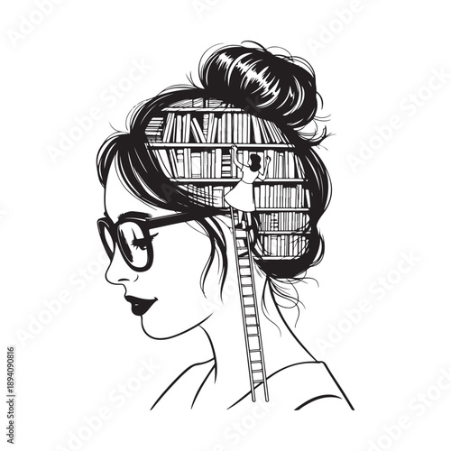 Woman with Library Brain Surreal Knowledge and Literature Illustration