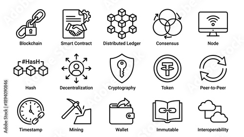 A comprehensive set of 15 blockchain technology line icons featuring smart contract, distributed ledger, consensus, node, hash, decentralization, cryptography, token, peer-to-peer, and mining.