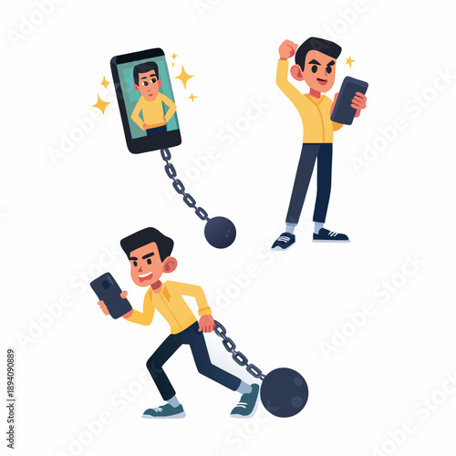 Illustration depicting a man connected to his phone by chains