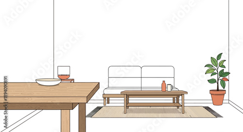 Cozy minimalist living room interior with a comfortable sofa, wooden coffee table, and green potted plant