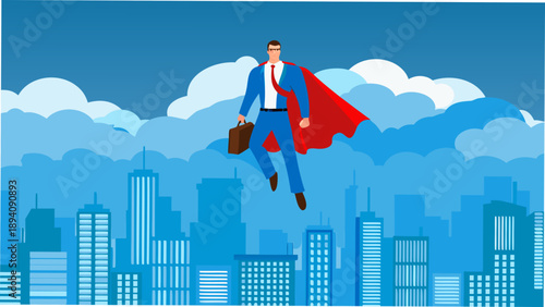 A businessman flies through the sky wearing a red superhero cape