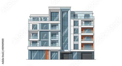 Modern Residential Apartment Building with Balconies and Large Windows in Bright Studio Background, Urban Living