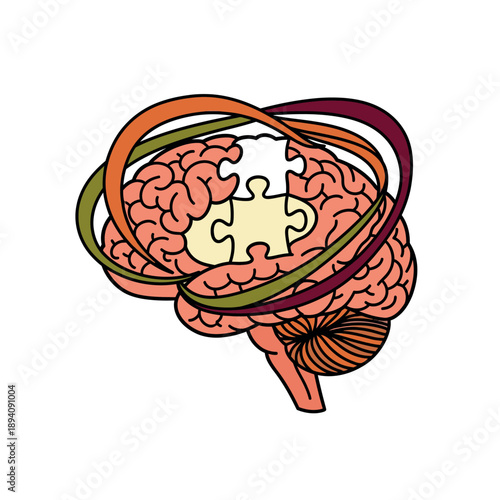 Human Brain with Puzzle Piece and Swirling Ribbons.