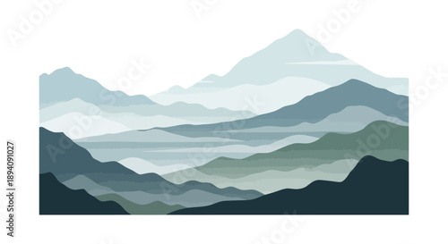 Serene Mountain Landscape Illustration with Rolling Hills in Varying Shades of Green and Blue on White Background