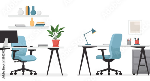 Modern Home Office Workspaces with Desks and Chairs in Bright Studio Background, Remote Work Concept