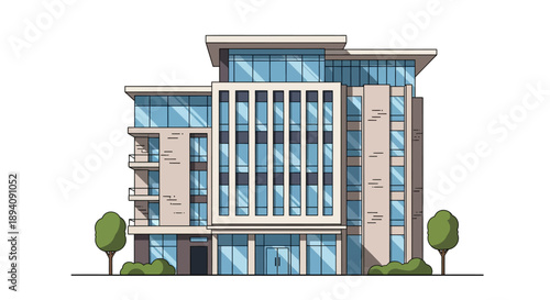 Modern Multi-Story Apartment Building Exterior with Balconies and Trees in Bright Outdoor Setting