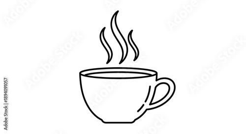 Minimalist Line Art Steaming Hot Coffee or Tea Cup on Isolated White Background