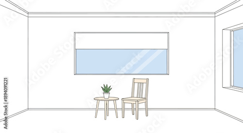 Minimalist Empty Room Interior with Window, Wooden Chair, and Potted Plant on Small Table in Bright Studio