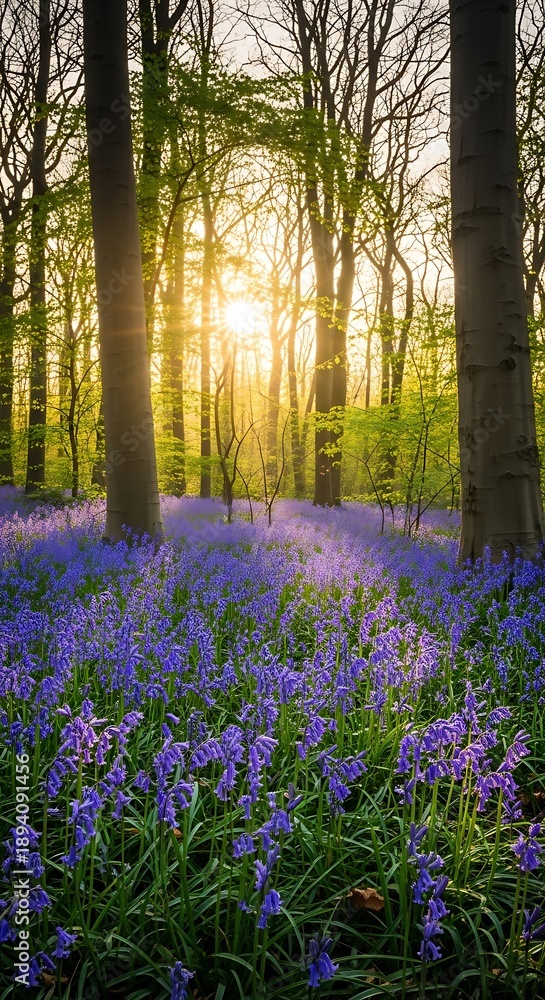 Naklejka premium Bluebell Bloom - A Sunlit Forest Floor in Springtime.