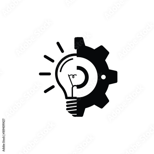 Black and white icon of a light bulb with a gear representing innovation and creativity