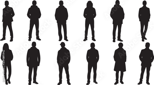 Silhouettes of people standing in various poses and outfits