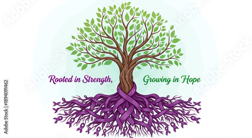 Tree symbolizing strength and hope with purple ribbons