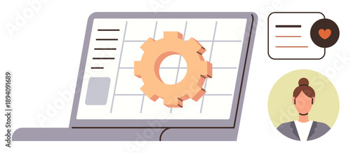 Workflow automation, digital marketing, team collaboration, human resources, data analysis, technology integration. Laptop with gear symbol, person avatar and chat icon. Workflow automation and team