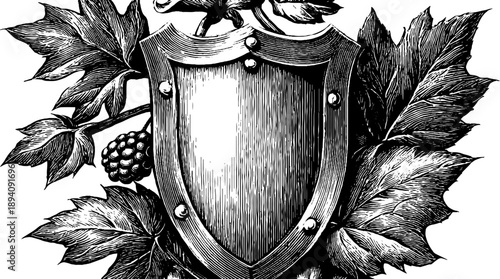 Vintage heraldic shield with botanical engraving design for emblem or label