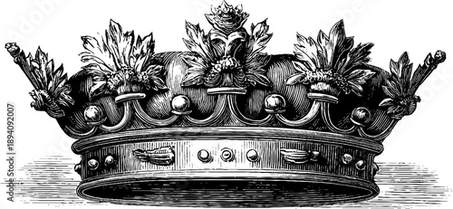 Vintage heraldic cartouche with botanic motifs and crownless top design for decorative use