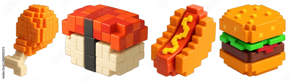 Fototapeta premium PNG Pixelated food toy blocks, element set on transparent background