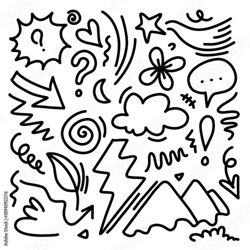 Hand drawn doodle design elements. flower, arrow, heart, leaves, swirl, lightning, star and other,