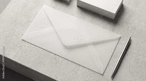 Blank translucent vellum paper envelope mockup with silver pen and business cards on grey concrete surface