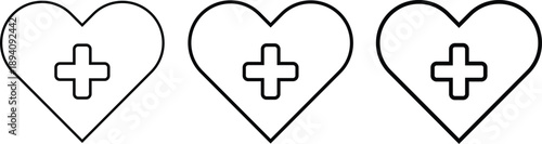 Cross plus heart medical icon set. Medical emergency and clinic signs. Healthcare and pharmacy symbols. Healthcare Professional Icons. Cross plus heart emblem symbol
