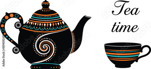 Decorative Black Teapot and Cup Set with Ornate Tribal Patterns and Tea Time Text for Kitchen Decor Cafe Menu Design Morning Ritual and Traditional Hot Beverage Graphic Concepts