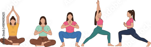 Diverse Women Practicing Yoga Poses Flat Vector Illustration Set Featuring Meditation Sukhasana Malasana Squat And Warrior Asanas For Wellness Health And Mindfulness Concept Design
