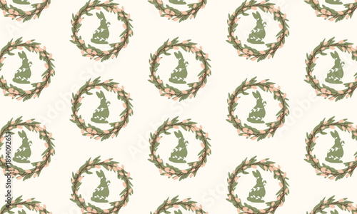 Easter Seamless Pattern with Decorative Wreath, Easter Bunny and Floral Elements in Scandinavian Style