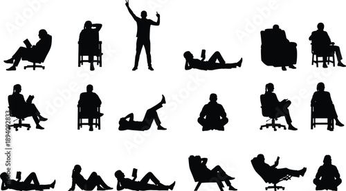 Black silhouette collection of people relaxing, reading, sitting, and celebrating showing leisure activities, rest positions, and modern lifestyle moments