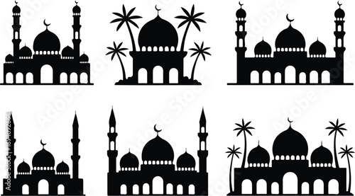 Islamic Mosque Silhouette Icon Set  Ramadan and Muslim Architecture