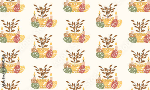 Easter Seamless Pattern with Eggs, Candles, Vase and Floral Elements in Scandinavian Style