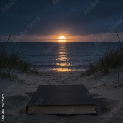 A serene beach scene at sunset, featuring a book resting on the sand, casting reflections on the calm sea.