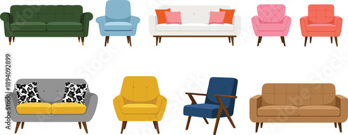 Mid Century Modern Furniture Set Featuring Colorful Tufted Sofas and Armchairs with Wooden Legs Isolated on White Background for Interior Design Graphic Resources