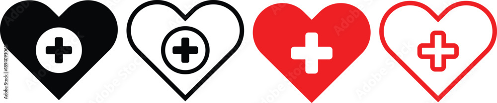 Obraz premium Cross plus heart medical icon set. Healthcare and pharmacy symbols. Healthcare Professional Icons. Cross plus heart emblem symbol. Medical emergency and clinic signs 