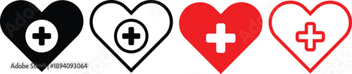 Cross plus heart medical icon set. Healthcare and pharmacy symbols. Healthcare Professional Icons. Cross plus heart emblem symbol. Medical emergency and clinic signs
