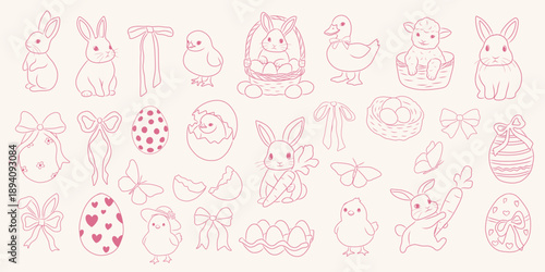 Easter hand drawn vintage doodle set with cute bunny, chicks, lamb, eggs, ribbon bows, baskets and butterflies. Whimsical spring holiday clipart collection for greeting cards, posters, invitations.