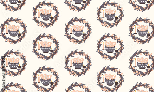 Easter Seamless Pattern with Wreath, Eggs, Candles and Floral Elements in Scandinavian style