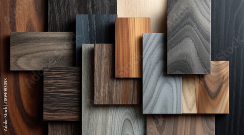 Assortment of wood samples and veneer swatches showcase various natural textures and finishes. Material palette for interior design and architecture concepts.