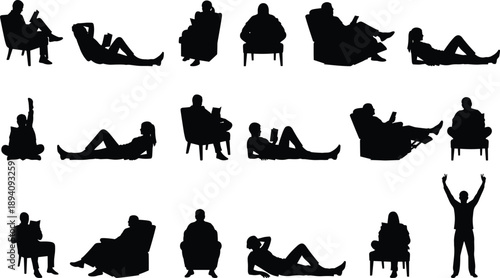 Black silhouette set of people relaxing and reading books showing leisure activities, rest poses, and calm lifestyle moments