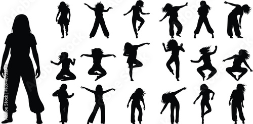Black silhouettes of energetic girls and women dancing and jumping in expressive poses showing freedom, movement, joy, and youthful lifestyle energy