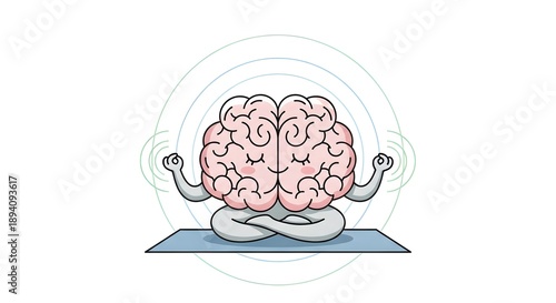 Pink brain with arms flexing on a blue mat surrounded by green circles muscles