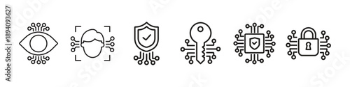 Set of Cyber Security and Biometric Icons – Retina Scan, Face Recognition, Data Protection, Secure Access, AI Automation and Digital Safety Vector Symbols.