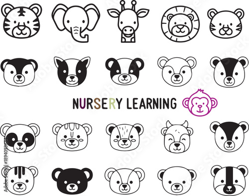 Nursery learning animal faces for kids education colorful and cute vector art with transparent background