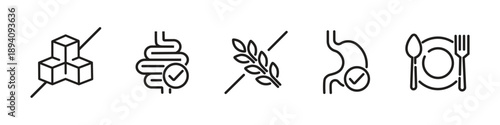 Set of 5 Health and Nutrition Icons – Sugar Free, Digestive Health, Gluten Free and Stomach Health Check Symbols for Food Packaging, Wellness and Medical Design.