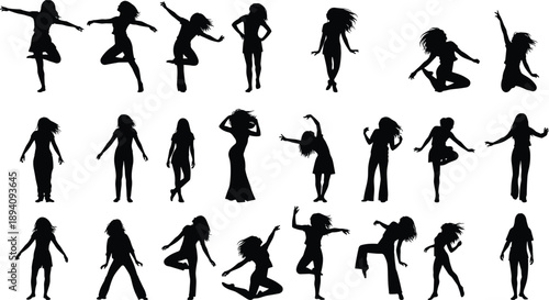 Black silhouettes of women dancing and jumping in expressive poses showing freedom, movement, joy, confidence, and energetic modern lifestyle