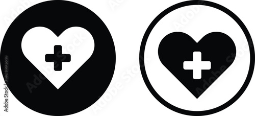 Cross plus heart medical icon set. Healthcare and pharmacy symbols. Healthcare Professional Icons. Cross plus heart emblem symbol. Medical emergency and clinic signs
