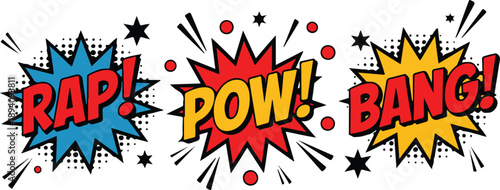 Comic Book Sound Effect Vector Set  RAPOW and BANG with Stars and Dots