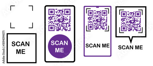 Scan me. Scan me QR code sticker frames with mobile icons. Vector square borders with pictograms for phone apps, online shops, and modern UI design.