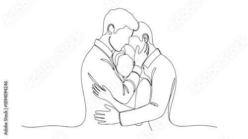 Loving embrace between two men and a child, symbolizing family and affection in a minimalist line art style